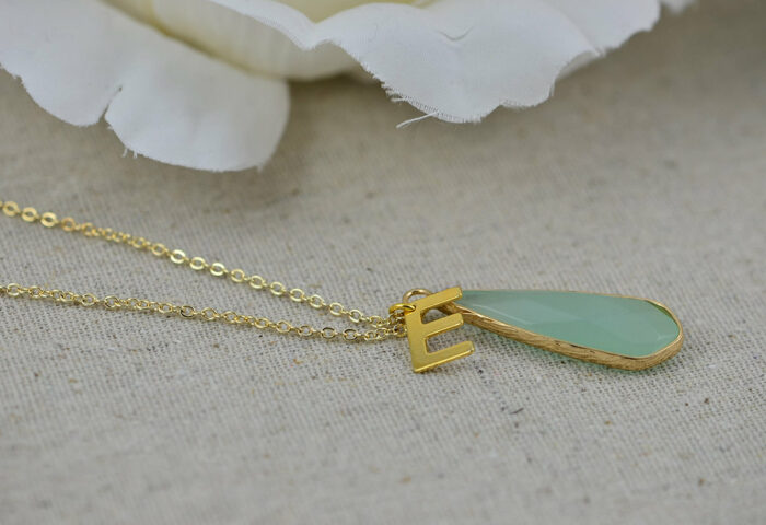 Amazonite Gemstone Initials Necklace, Gold Letter Necklace, Initials Amazonite Gemstone Pendant Necklace, Customised Initials Gold Necklace