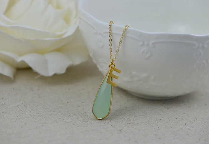 Amazonite Gemstone Initials Necklace, Gold Letter Necklace, Initials Amazonite Gemstone Pendant Necklace, Customised Initials Gold Necklace