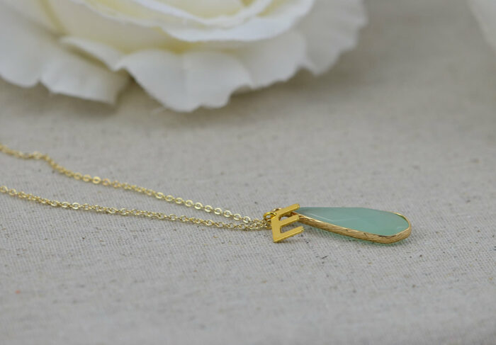 Amazonite Gemstone Initials Necklace, Gold Letter Necklace, Initials Amazonite Gemstone Pendant Necklace, Customised Initials Gold Necklace