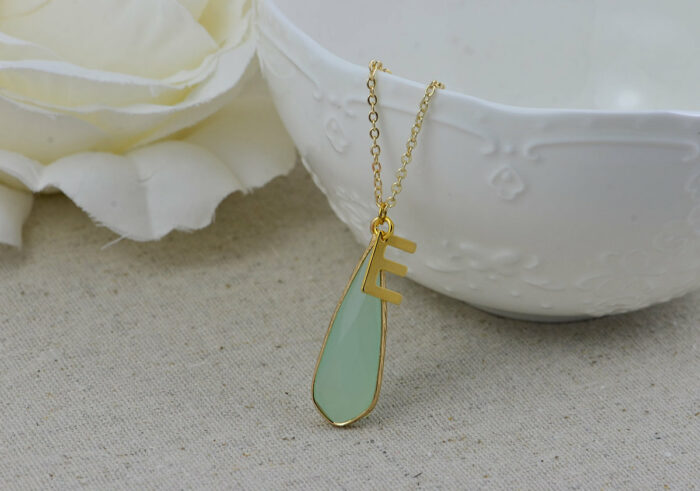 Amazonite Gemstone Initials Necklace, Gold Letter Necklace, Initials Amazonite Gemstone Pendant Necklace, Customised Initials Gold Necklace