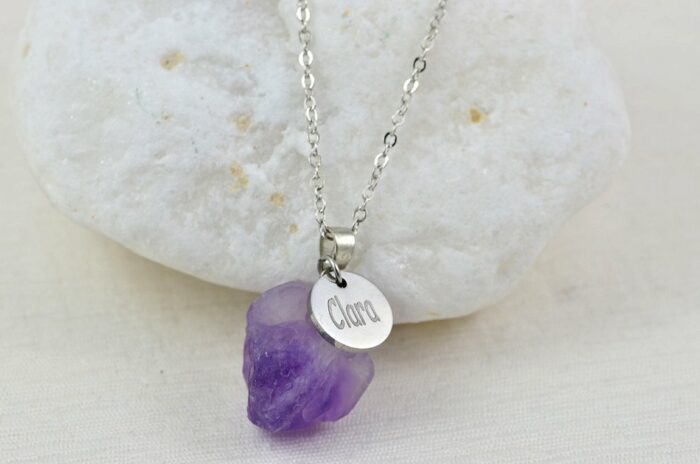 Amethyst Personalised Name Necklace, Silver Engraved Initials Necklace, Initials Purple Charm Gemstone Pendant Customised Silver Necklace