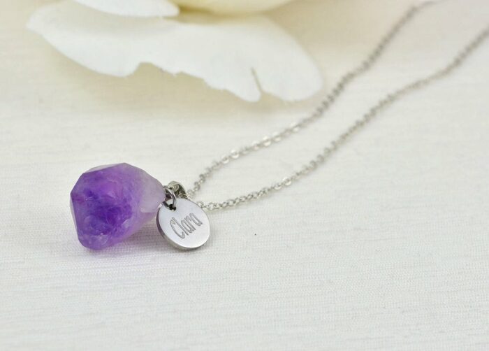 Amethyst Personalised Name Necklace, Silver Engraved Initials Necklace, Initials Purple Charm Gemstone Pendant Customised Silver Necklace