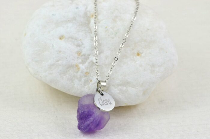 Amethyst Personalised Name Necklace, Silver Engraved Initials Necklace, Initials Purple Charm Gemstone Pendant Customised Silver Necklace