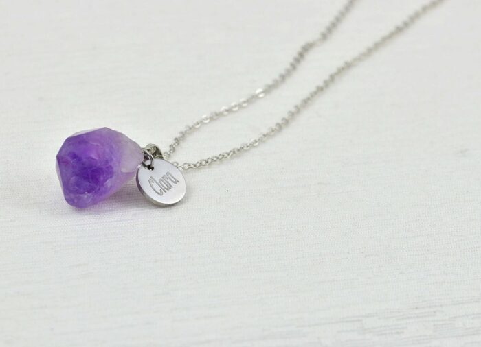 Amethyst Personalised Name Necklace, Silver Engraved Initials Necklace, Initials Purple Charm Gemstone Pendant Customised Silver Necklace