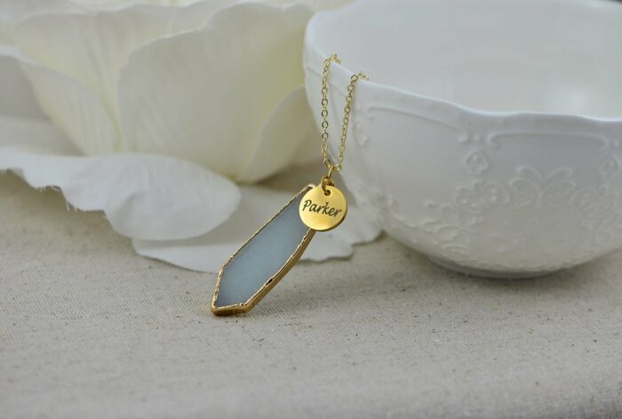 Blue Gemstone Personalised Necklace, Custom Light Blue Grey Gemstone Charm Necklace, Bridesmaids Wedding Engraved Gold Birthday Necklace