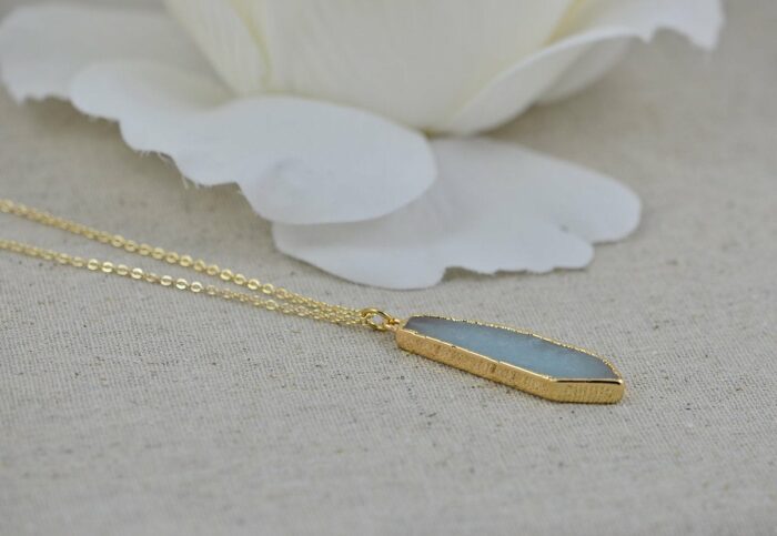 Blue Gemstone Personalised Necklace, Custom Light Blue Grey Gemstone Charm Necklace, Bridesmaids Wedding Engraved Gold Birthday Necklace