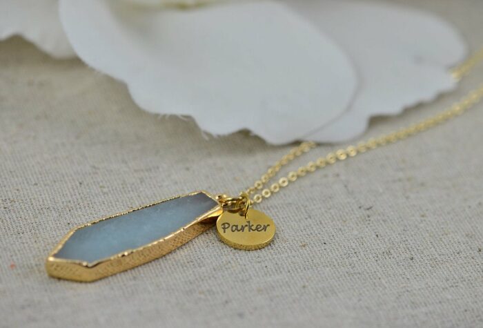 Blue Gemstone Personalised Necklace, Custom Light Blue Grey Gemstone Charm Necklace, Bridesmaids Wedding Engraved Gold Birthday Necklace