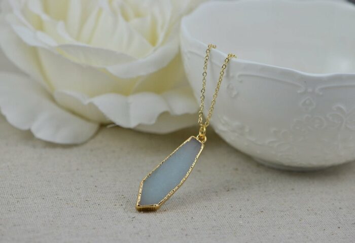 Blue Gemstone Personalised Necklace, Custom Light Blue Grey Gemstone Charm Necklace, Bridesmaids Wedding Engraved Gold Birthday Necklace