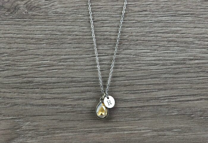 Champagne Silver Initials Necklace, Personalised Crystal Dainty Charm Necklace, Bridesmaids Wedding Engraved Initial Silver Drop Necklace