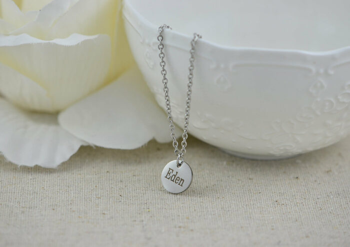 Custom Silver Name Necklace, Personalised Engraved Necklace, Name Round Charm Tag Necklace, Bridesmaids Customised Silver Necklace Jewellery