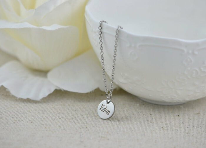 Custom Silver Name Necklace, Personalised Engraved Necklace, Name Round Charm Tag Necklace, Bridesmaids Customised Silver Necklace Jewellery