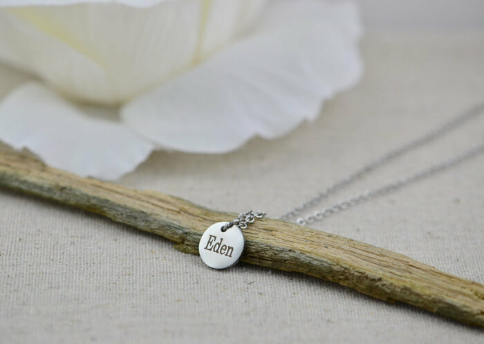 Custom Silver Name Necklace, Personalised Engraved Necklace, Name Round Charm Tag Necklace, Bridesmaids Customised Silver Necklace Jewellery