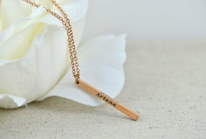 Customised Name Bar Necklace, Rose Gold Name Engraved Rectangle Necklace, Initials 3D Charm Bar Necklace, Dainty Stainless Steel Necklace
