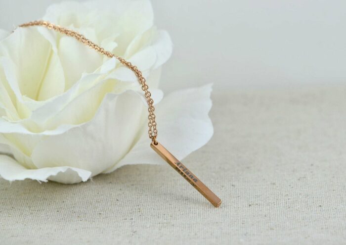 Customised Name Bar Necklace, Rose Gold Name Engraved Rectangle Necklace, Initials 3D Charm Bar Necklace, Dainty Stainless Steel Necklace