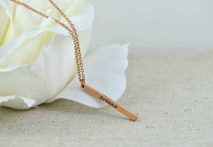 Customised Name Bar Necklace, Rose Gold Name Engraved Rectangle Necklace, Initials 3D Charm Bar Necklace, Dainty Stainless Steel Necklace