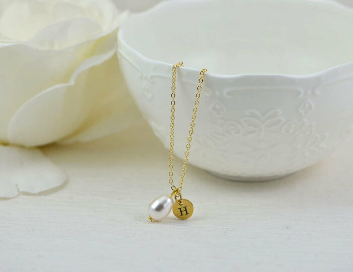 Dainty Gold Initial Pearl Necklace, Personalised Drop Charm Necklace, Bridesmaids Wedding Necklace, Engraved Initial Gold Pearl Necklace