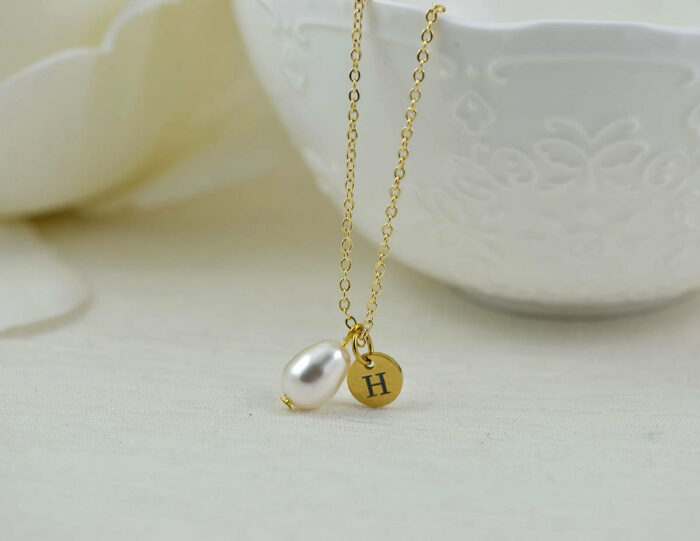 Dainty Gold Initial Pearl Necklace, Personalised Drop Charm Necklace, Bridesmaids Wedding Necklace, Engraved Initial Gold Pearl Necklace