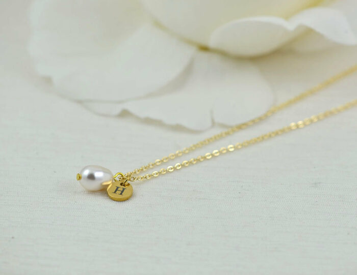 Dainty Gold Initial Pearl Necklace, Personalised Drop Charm Necklace, Bridesmaids Wedding Necklace, Engraved Initial Gold Pearl Necklace