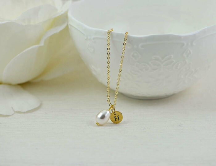 Dainty Gold Initial Pearl Necklace, Personalised Drop Charm Necklace, Bridesmaids Wedding Necklace, Engraved Initial Gold Pearl Necklace