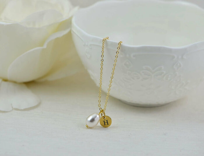 Dainty Gold Initial Pearl Necklace, Personalised Drop Charm Necklace, Bridesmaids Wedding Necklace, Engraved Initial Gold Pearl Necklace