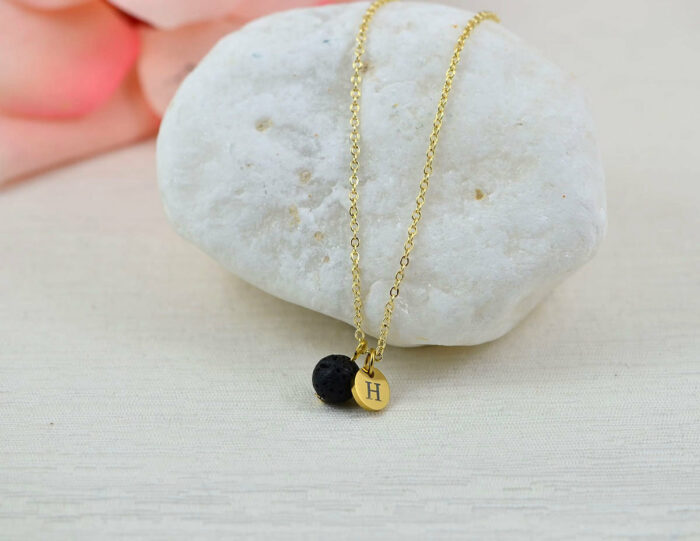 Dainty Gold Lava Stone Necklace, Personalised Aromatherapy Diffuser Necklace for Essential Oils, Engraved Initial Necklace, Silver Necklace