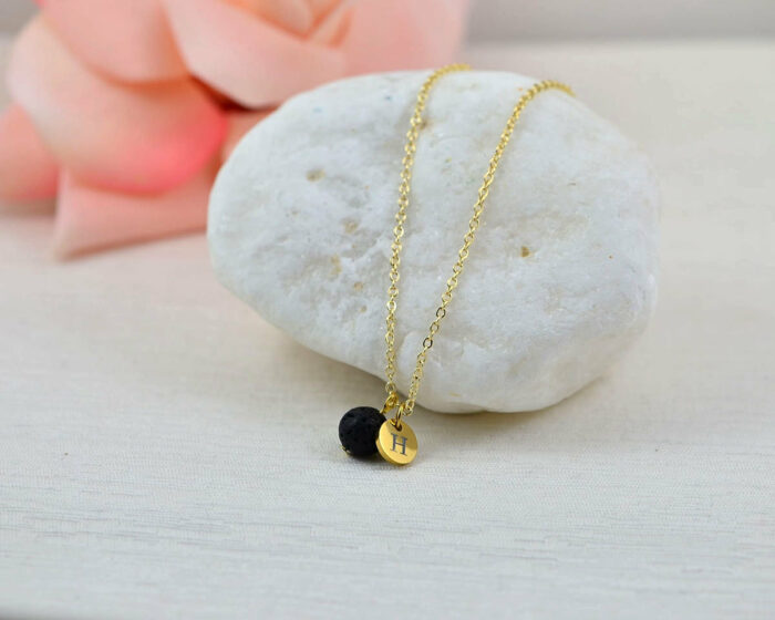 Dainty Gold Lava Stone Necklace, Personalised Aromatherapy Diffuser Necklace for Essential Oils, Engraved Initial Necklace, Silver Necklace