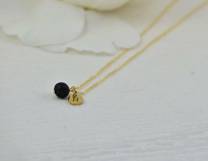 Dainty Gold Lava Stone Necklace, Personalised Aromatherapy Diffuser Necklace for Essential Oils, Engraved Initial Necklace, Silver Necklace