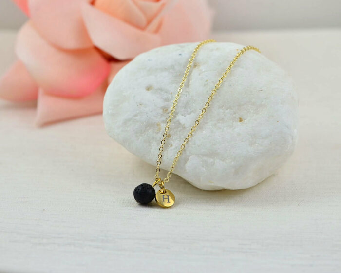 Dainty Gold Lava Stone Necklace, Personalised Aromatherapy Diffuser Necklace for Essential Oils, Engraved Initial Necklace, Silver Necklace