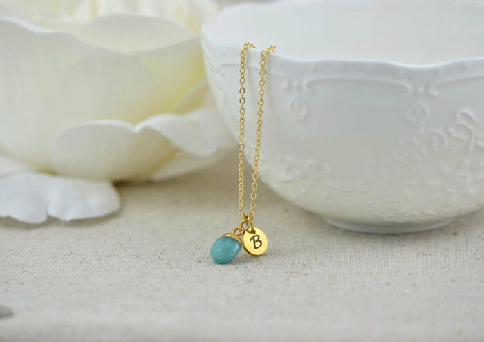 Dainty Initials Turquoise Necklace, Personalised Turquoise Jade Gemstone Charm Necklace, Bridesmaids Wedding Engraved Gold Drop Necklace