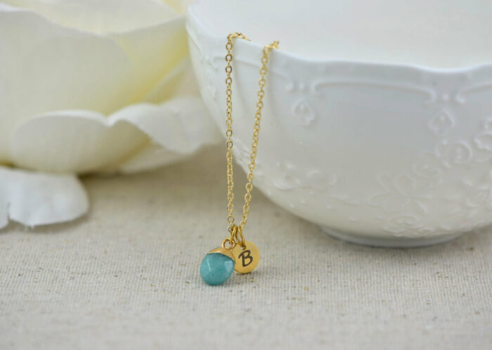 Dainty Initials Turquoise Necklace, Personalised Turquoise Jade Gemstone Charm Necklace, Bridesmaids Wedding Engraved Gold Drop Necklace