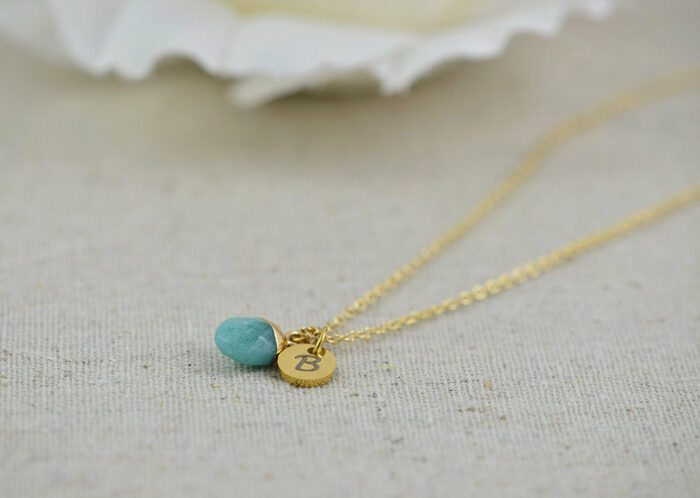 Dainty Initials Turquoise Necklace, Personalised Turquoise Jade Gemstone Charm Necklace, Bridesmaids Wedding Engraved Gold Drop Necklace