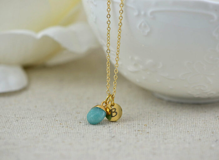 Dainty Initials Turquoise Necklace, Personalised Turquoise Jade Gemstone Charm Necklace, Bridesmaids Wedding Engraved Gold Drop Necklace