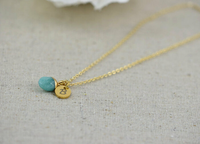 Dainty Initials Turquoise Necklace, Personalised Turquoise Jade Gemstone Charm Necklace, Bridesmaids Wedding Engraved Gold Drop Necklace