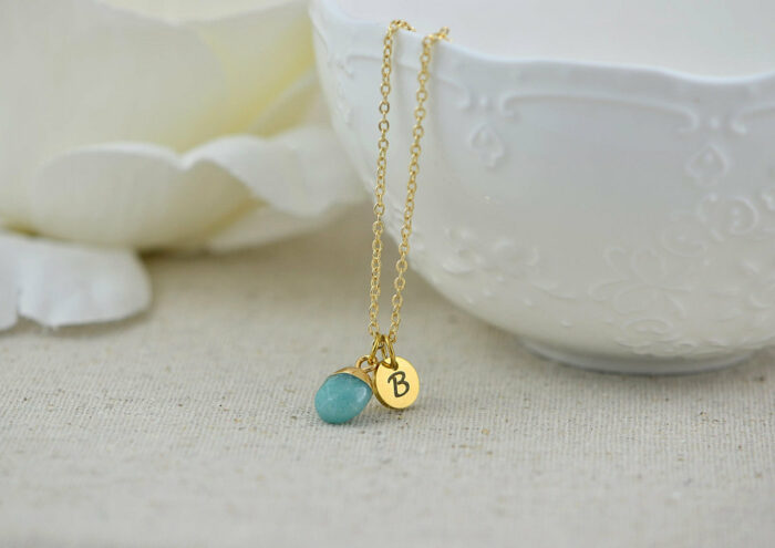 Dainty Initials Turquoise Necklace, Personalised Turquoise Jade Gemstone Charm Necklace, Bridesmaids Wedding Engraved Gold Drop Necklace