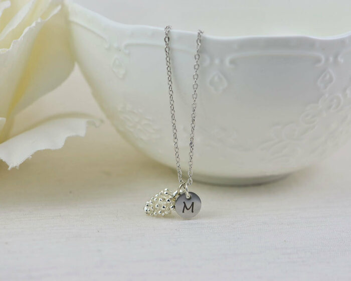 Dainty Pine Cone Initials Necklace, Personalised Silver Cone Flower Charm Necklace, Gift for Her, Bridesmaids Engraved Initial Necklace