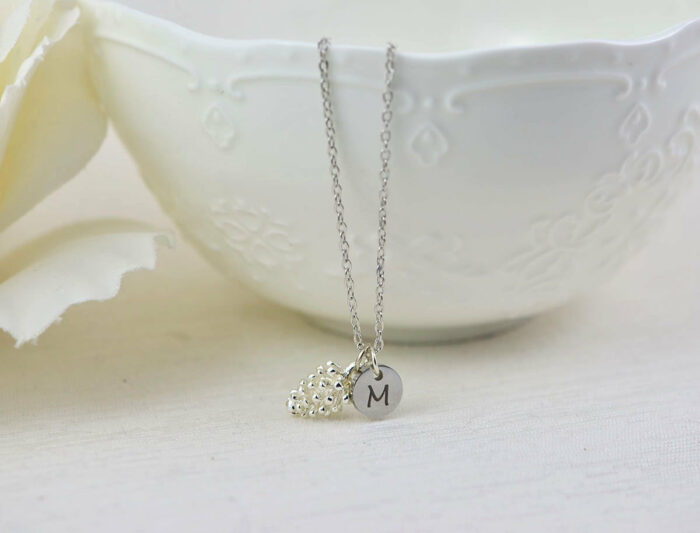 Dainty Pine Cone Initials Necklace, Personalised Silver Cone Flower Charm Necklace, Gift for Her, Bridesmaids Engraved Initial Necklace