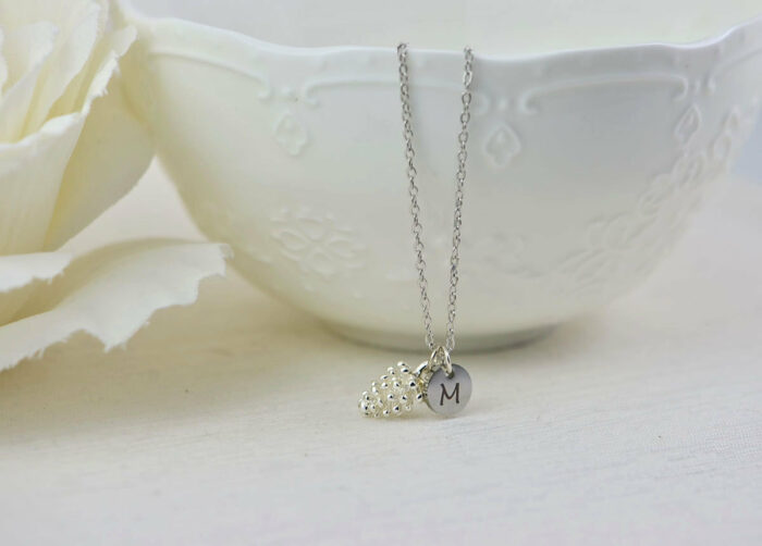 Dainty Pine Cone Initials Necklace, Personalised Silver Cone Flower Charm Necklace, Gift for Her, Bridesmaids Engraved Initial Necklace