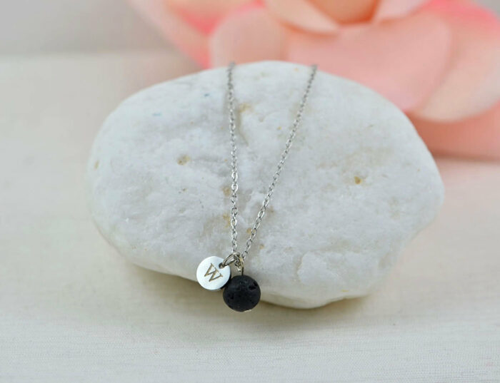 Dainty Silver Lava Stone Necklace, Aromatherapy Diffuser Personalised Necklace for Essential Oils, Engraved Initial Silver Necklace