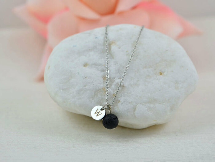 Dainty Silver Lava Stone Necklace, Aromatherapy Diffuser Personalised Necklace for Essential Oils, Engraved Initial Silver Necklace
