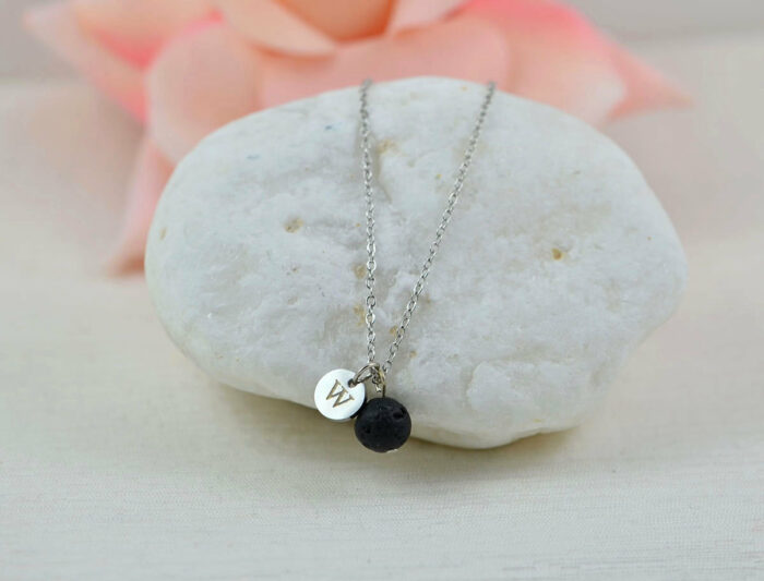 Dainty Silver Lava Stone Necklace, Aromatherapy Diffuser Personalised Necklace for Essential Oils, Engraved Initial Silver Necklace