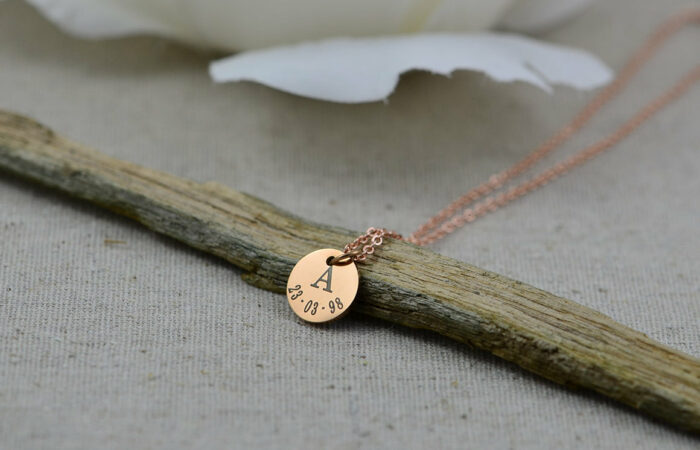 Date and Initials Engraved Necklace, Initials Engraved Customised RoseGold Round Charm Necklace, Custom Bridesmaids Family Gift Necklace