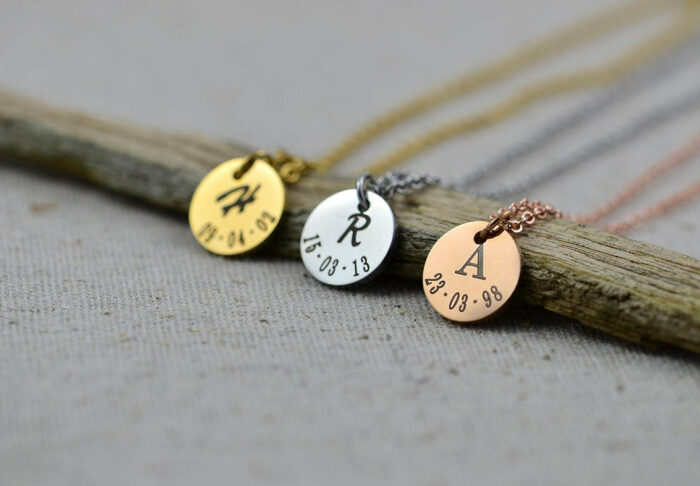 Date and Initials Engraved Necklace, Initials Engraved Customised RoseGold Round Charm Necklace, Custom Bridesmaids Family Gift Necklace