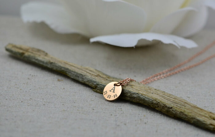 Date and Initials Engraved Necklace, Initials Engraved Customised RoseGold Round Charm Necklace, Custom Bridesmaids Family Gift Necklace