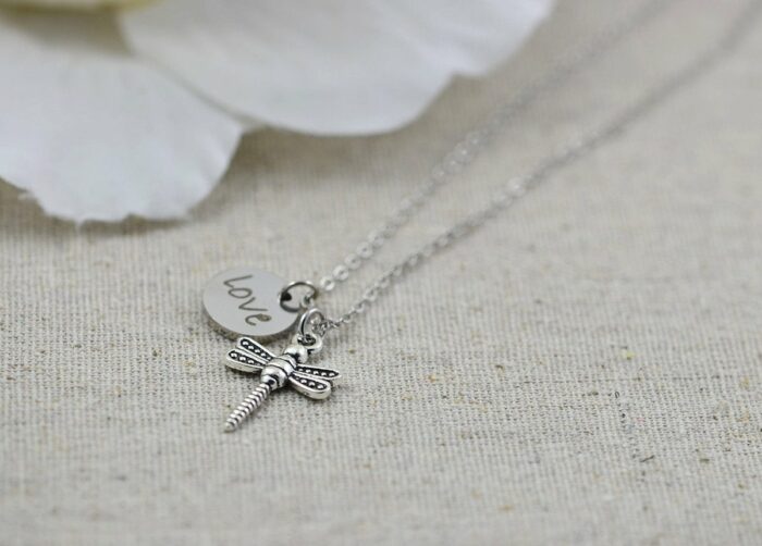 Dragonfly Necklace, Personalised Engraved Necklace, Bridesmaids Wedding Engraved Silver Drop Necklace, Dragonfly Silver Pendant Jewellery