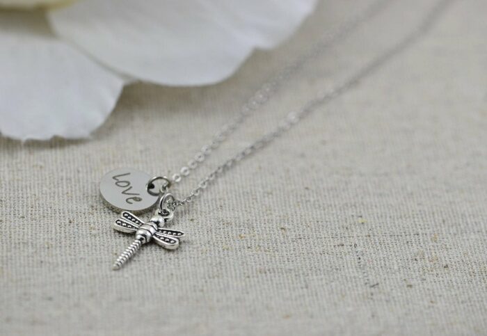 Dragonfly Necklace, Personalised Engraved Necklace, Bridesmaids Wedding Engraved Silver Drop Necklace, Dragonfly Silver Pendant Jewellery