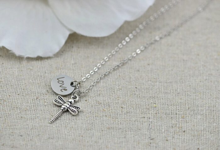 Dragonfly Necklace, Personalised Engraved Necklace, Bridesmaids Wedding Engraved Silver Drop Necklace, Dragonfly Silver Pendant Jewellery