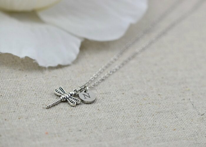 Dragonfly Necklace, Personalised Engraved Necklace, Bridesmaids Wedding Engraved Silver Drop Necklace, Dragonfly Silver Pendant Jewellery