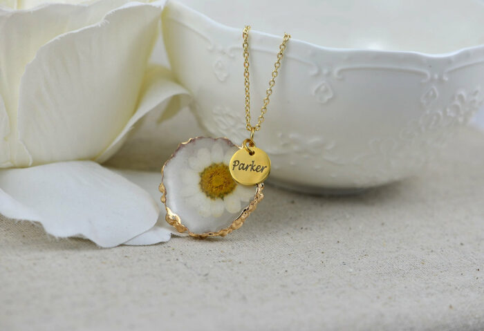 Dried Daisy Flower Necklace, Personalised Gold Charm Engraved Necklace, Bridesmaids Wedding Engraved Initial Necklace, Daisy Necklace