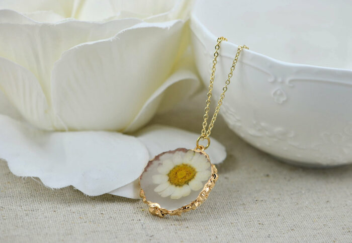 Dried Daisy Flower Necklace, Personalised Gold Charm Engraved Necklace, Bridesmaids Wedding Engraved Initial Necklace, Daisy Necklace
