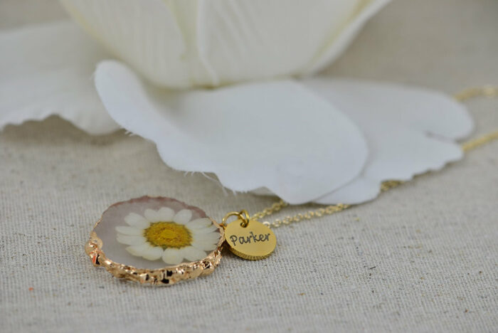 Dried Daisy Flower Necklace, Personalised Gold Charm Engraved Necklace, Bridesmaids Wedding Engraved Initial Necklace, Daisy Necklace